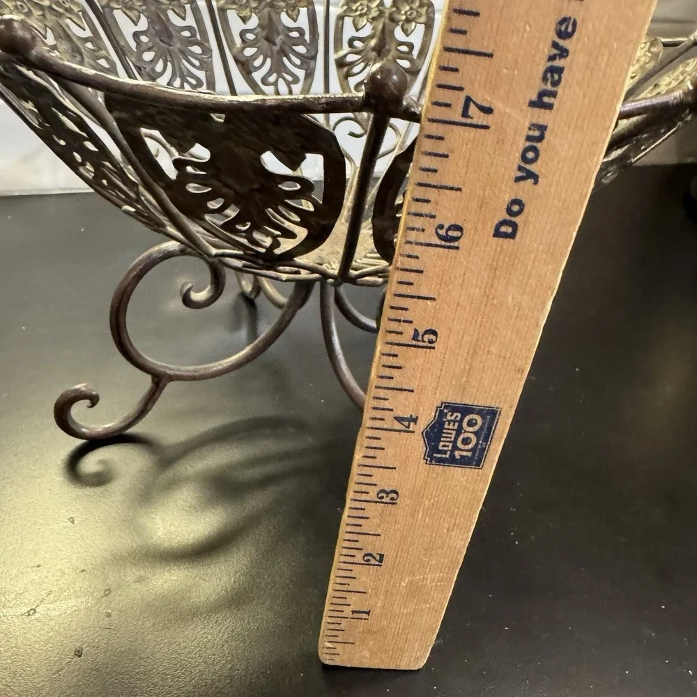 Vintage Iron Scroll Design Brown Metal Fruit Bowl Footed Pedestal Basket
